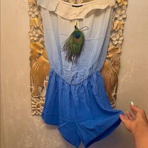 Blue and White Off-Shoulder Romper with Peacock Feather Detail
